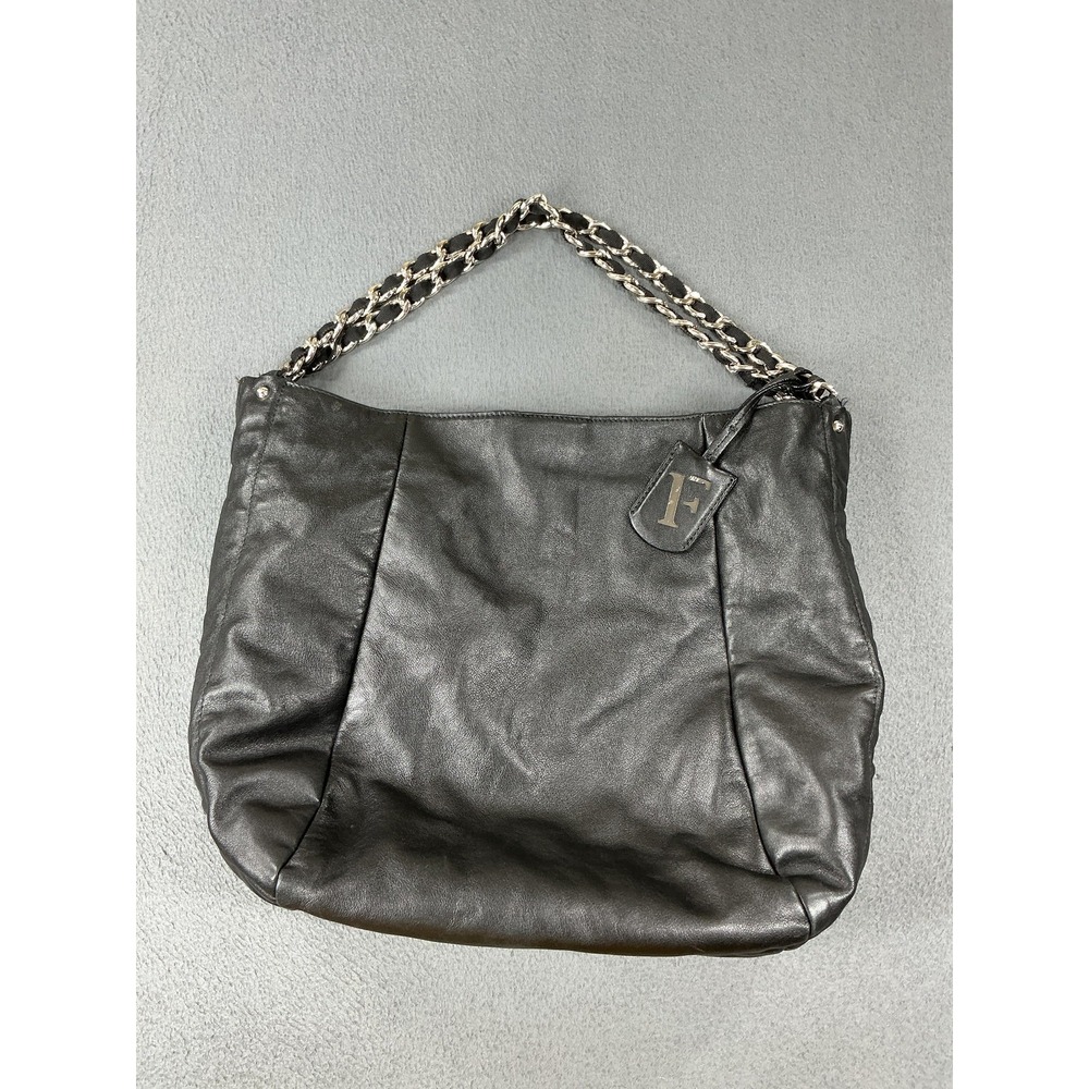Furla Shoulder Bag Womens Large Black Leather Chain Strap Animal Print Lining